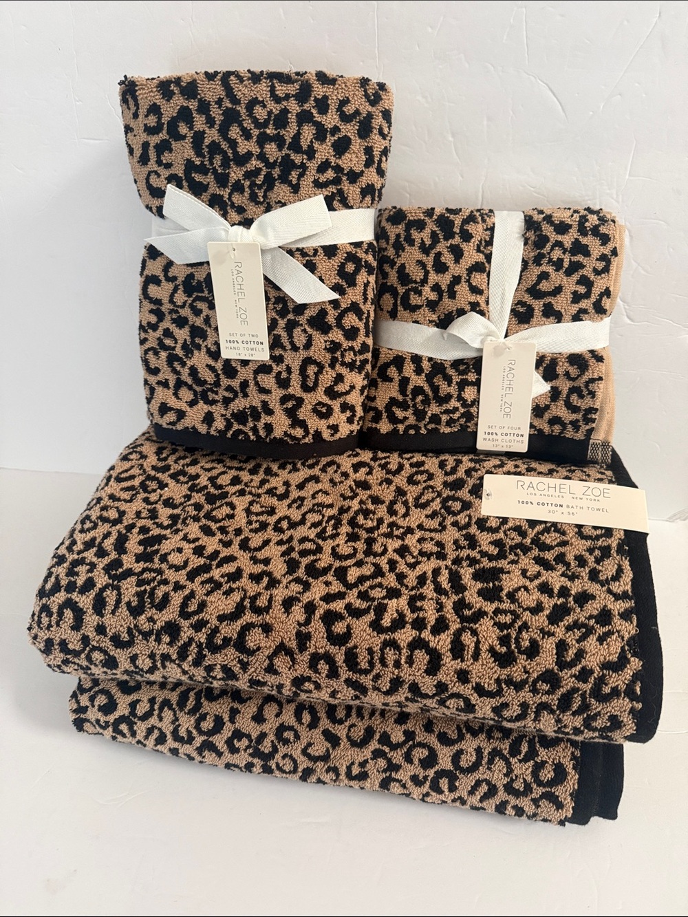 NWT Rachel Zoe 8 Piece 100% Cotton Bath Towel Set Black Tan Leopard Animal Print